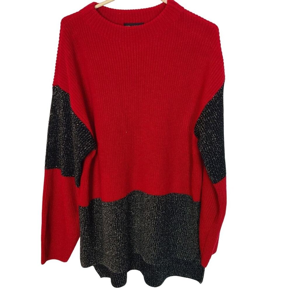 Karl Lagerfeld Womens Colorblock Knit Sweater Sz XL Metallic Holiday Christmas